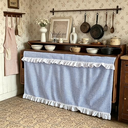Blue Ruffle Gingham Under-Sink Curtain, 55x32in - Self-Gripping Cotton-Linen Farmhouse