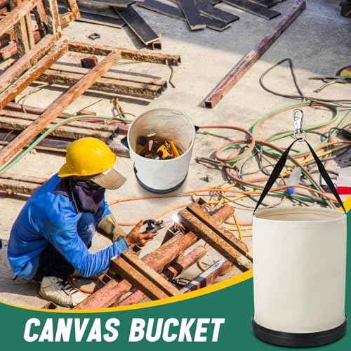 1 Pack Utility Canvas Tool Bucket 15" x 12" All Purpose Canvas Bucket Bag, Truck Tool Organizer with Plastic Bottom Metal Hook for Store Work Accessory, Load Capacity up to 150 Lbs (White)