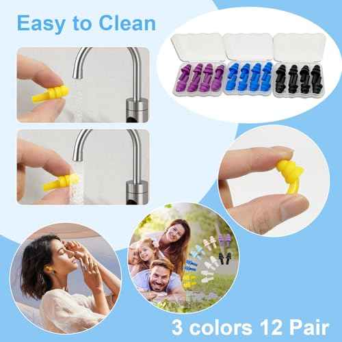 Ear Plugs for Sleeping,12 Pair Earplugs Noise Canceling Soft Silicone Ear Plug Reusable Earplugs for Sleep,Concert,Swimming,Study,Loud Noise,Snoring(Black Blue Purple)