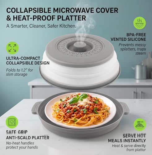 Microwave Splatter Cover with Anti-Scald Base Plate, 10.7" Collapsible Lids & Base