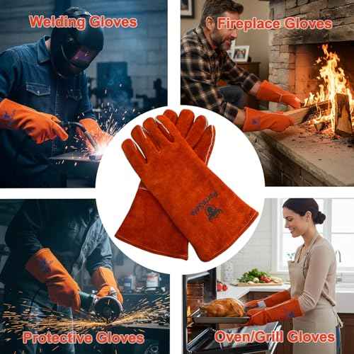 Welding Gloves 14 Inches, 932¢µ Heat Fire Resistant Leather Welding Gloves for Tig/Mig/Stick, Mitts for BBQ/Oven/Grill/Fireplace/Furnace/Stove/Animal Handling Gloves with Soft Lining (Red)