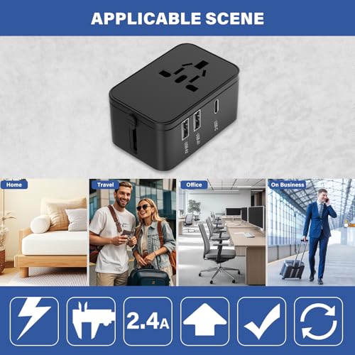 EFISH Black Travel Power Adapter with 2 USB-A + 1 USB-C, Universal Travel Plug Converter