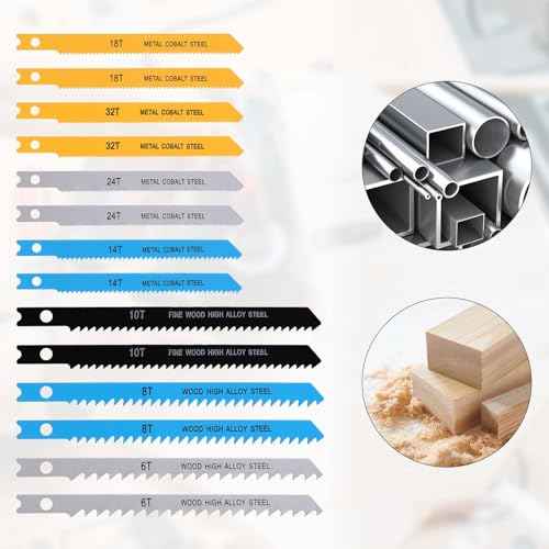 14PCS Universal Jig Saw Blade Set for Wood U-Shank Jig Saw Blade Set Assortment for Wood Plastic and Metal Cutting Jigsaw Blades Fit Vast Majority U Shank Jigsaws, 6T 8T 10T 14T 18T 24T 32T