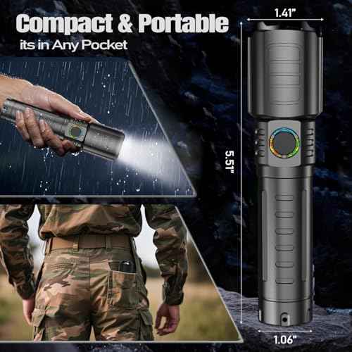 Tactical Flashlights Torch High Lumens Rechargeable, 3 Modes Led Waterproof Zoomable Linternas Handheld Small Flashlight, Adjustable Brightness Flash Light for Hurricane/Home/Emergency (2 Pack)