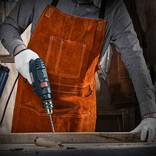 LeaSeek Leather Welding Apron - Flame and Heat Resistant Bib Apron with 6 Pockets