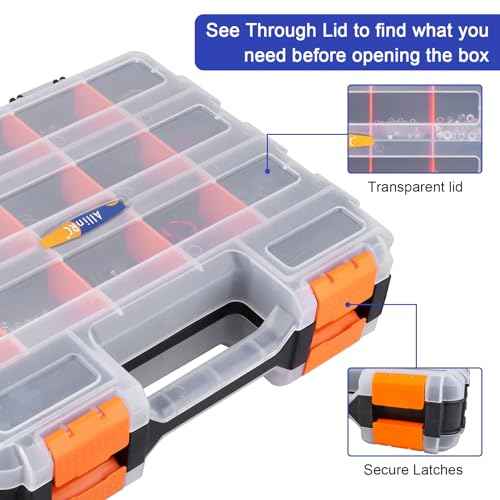 Small Parts Organizer Double Sided Parts Organizer with Removable Dividers 34-Compartments Storage Bins for Hardware, Screws, Nuts, Bolts, Washers, Nails, Fasteners, Tools