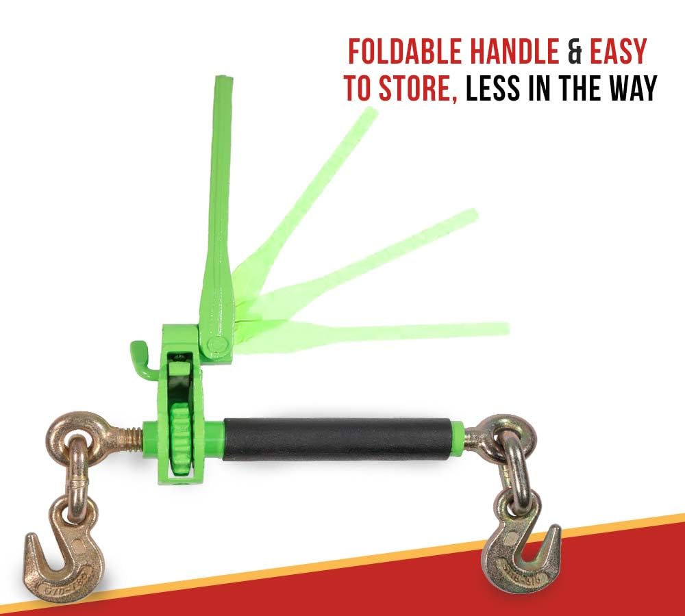 Mytee Products 4 Pack 5/16" - 3/8" Hi-Viz Green Heavy Duty Folding Handle Ratchet Load Binder w/Grab Hook 7,100 lbs WLL | Tie Down Hauling Chain Binders for Flatbed Truck Trailer