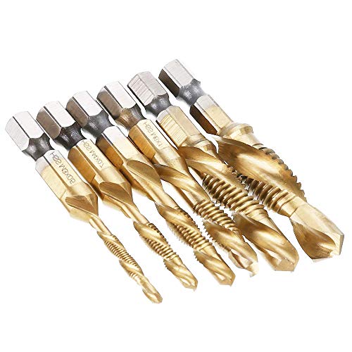 6Pcs Titanium Combination Drill and Tap Bit Set, Metric Drill Tap Bits Screw Tapping Bit Tool 1/4" Hex Shank 3 Functions in 1