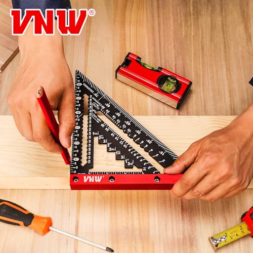 VNW 7-Inch Rafter Square with Black Bag, Aluminum 1/8" Precision Heavy-Duty Carpenter Pencil & Level Set