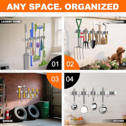 Seewaazee Wall Mount Broom & Mop Holder Organizer - 5 Racks & 4 Hooks