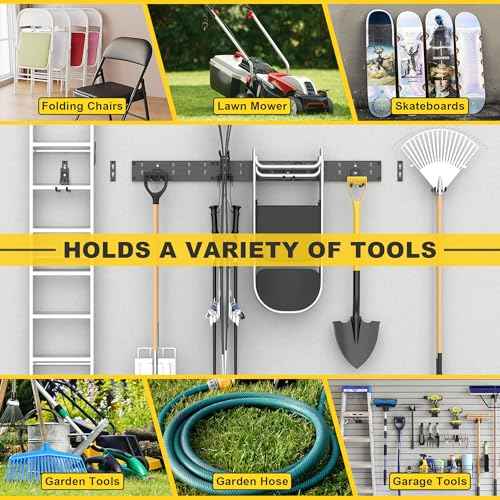 Ultrawall Garage Storage Organization, Versatile Storage Hooks Garden Tool Organizer Wall Mount, 48 Inch Yard Tool Organizer Hangers for Shovels, Rakes, Ladders, 15pcs Black