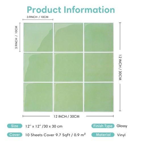 Commomy Thicker Sage Green Peel and Stick Tiles- 10 pcs of 12" x 12" - 3D Adhesive Square Peel and Stick Tiles Backsplash for Kitchen, Bathroom, Removable, Waterproof, Vinyl Wall Tile
