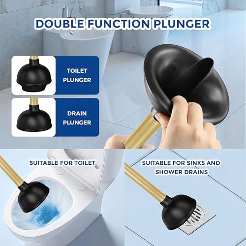 Zahari Home Gold Toilet Plunger with Holder - Heavy Duty Cleaning & Strong Suction
