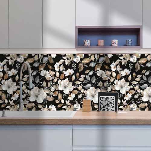 Vintage Dark Black Floral Peel and Stick Wallpaper Modern Botanical Flower Waterproof Removable Self Adhesive Vinyl Contact Wall Paper for Farmhouse Bathroom 17.7" X 354" Roll