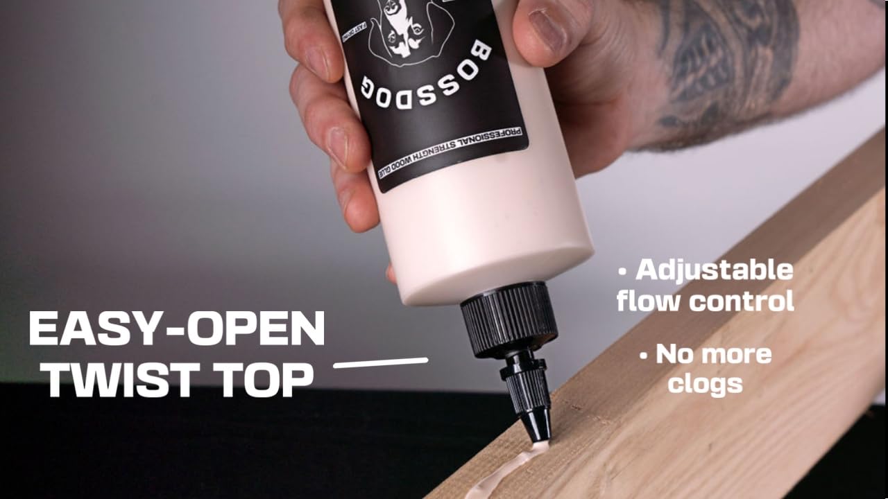 BOSSDOG Wood Glue, Professional Strength, Fast Drying, Cutting Board Safe, Natural tan Color. DIY, Beginner Carpentry, Woodworking, Furniture Repair, 16oz. Large Bottle. Made by a Maker, for Makers