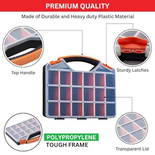Andalus Tools Organizer Box, Small Parts Storage 18-Compartment Portable Hardware Organizer Removable Plastic Dividers for Screws, Nuts, Bolts, Nails ? Orange (2 Pack, 12.75" x 10" x 1.75")