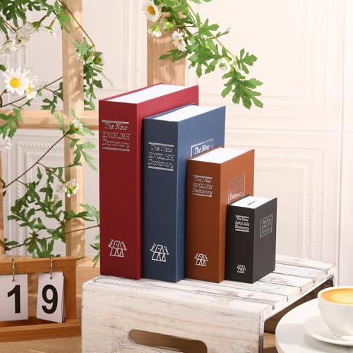 Weysat 4 Packs Diversion Book Safe with Key Lock Secret Metal Safe Box Portable Hidden Lock Box Fake Book Concealment Furniture Multiple Size for Money Jewelry