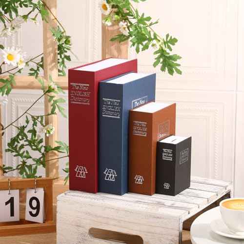 Weysat 4 Packs Diversion Book Safe with Key Lock Secret Metal Safe Box Portable Hidden Lock Box Fake Book Concealment Furniture Multiple Size for Money Jewelry