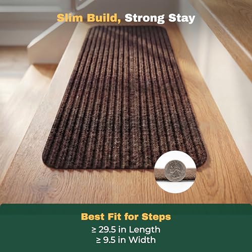MBIGM Brown Stripe Carpet Stair Treads - 15 Pack, 8x30 Inches, Non-Slip Safety Step Covers