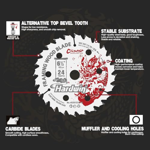 6-1/2'' 24 Teeth Circular Saw Blade for Wood Cutting - 2-Piece Set, Ideal for Plywood, Hardwood, OSB, and More