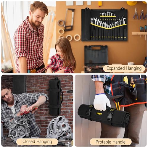 Wrench Roll Organizer,Wrench Roll Up Pouch with 23+1 Pockets,Heavy Duty Tool Roll for Metric & SAE Wrenches,Large Wrench Holder Organizer Bag for Men,Mechanics(Black)