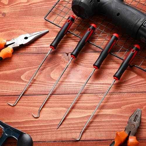WILLBOND 4 Pcs Pick and Hook Set Precision Automotive Mechanic Picks Tools Set for Car Oil Seal Hooks Puller Remover Tools (9.45 Inches,Red)