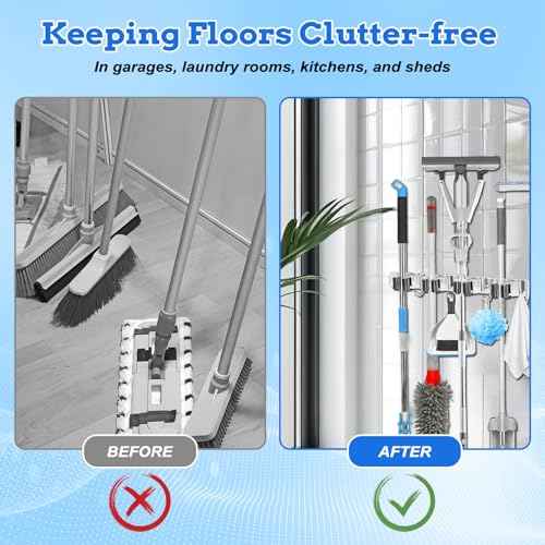 2 Pack Heavy Duty Wall Mount Broom Holder ? Stainless Steel with 5 Racks & 4 Hooks Broom Organizer? Self-Adhesive or Screw Mount Mop Holder for Garage, Laundry, Kitchen ? Silver
