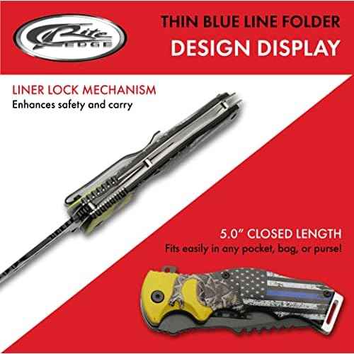 SZCO Supplies 8.5" Assisted Opening Folding Knife - Thin Blue Line EDC Utility Knife with Pocket Clip, Tactical Tanto Blade, Serrated Edge, Law Enforcement Tribute