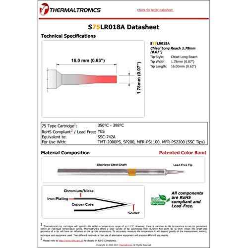 Thermaltronics S75LR018A Chisel Long Reach 1.78mm (0.07in) interchangeable for Metcal SSC-742A