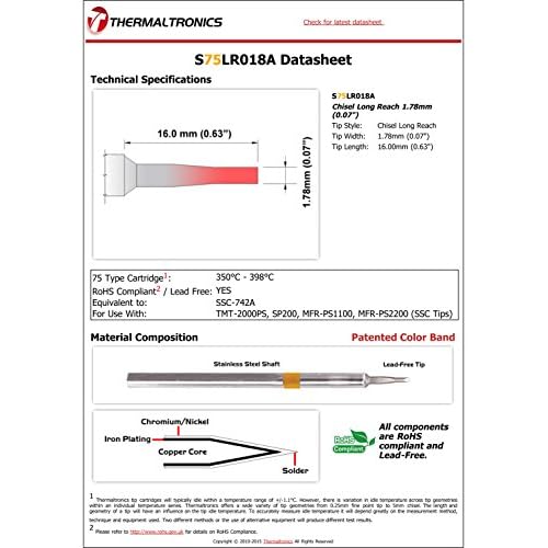Thermaltronics S75LR018A Chisel Long Reach 1.78mm (0.07in) interchangeable for Metcal SSC-742A