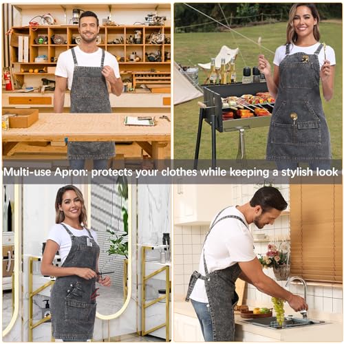 Denim Apron with Pockets, Cross Back Apron for Men Women, Jean Work Aprons for Hairstylist Barber Grilling Gardening, Adjustable S to L