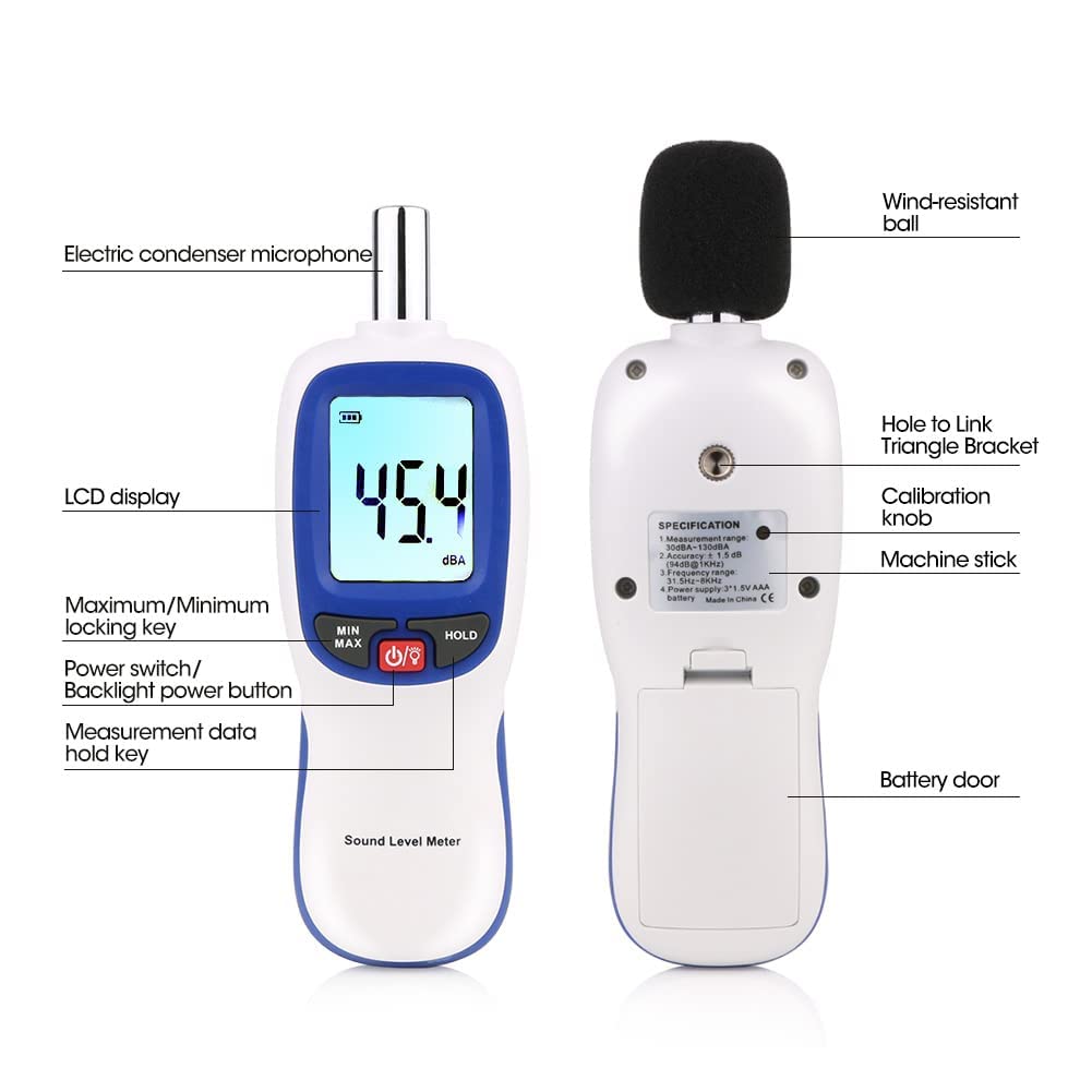 Decibel Meter, Portable SPL Meter (Sound Pressure Level Meter), Digital Noise Meter, Range 30-130dB(A) db Meter, Noise Volume Measuring Instrument, Sound Monitoring Tester (Battery Included) Yellow