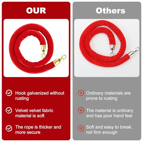 4pcs Velvet Stanchion Rope, 5 Feet Red Velvet Rope Crowd Control Barrier with Gold Plated Clasp for Carpet, Queue Safety Barriers for Party Decorations, Hotels, Theaters, Grand Openings