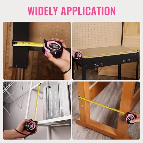 WORKPRO 25-FT Tape Measure with Fractions, Magnetic Hook, Nylon Coated Blade, Compact Locking Tool, Pink