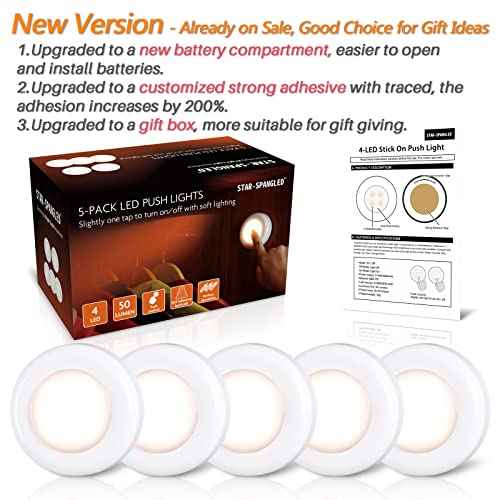 STAR-SPANGLED Push Tap Light, 2.8¡± Mini Night Touch LED Puck Lamp, Portable Under Cabinet Lighting AAA Battery Operated Powered, DIY Stick On Lights for Closet, Counter, Kitchen, Warm White, 5 Pack