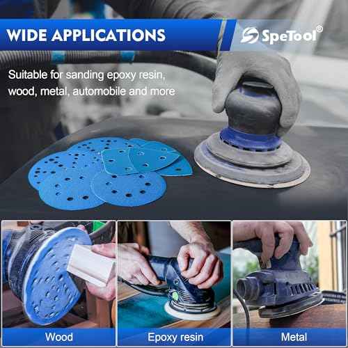 SpeTool 6 Inch Sanding Discs, 49 Hole Hook & Loop Sandpaper 60 Pack Assortment Grit 80,120,180,240,320,400 Surfacing with Stearate Anti-Clog Coating Ceramic Aluminum Oxide Abrasives for Sanding Chore