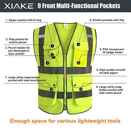 XIAKE 9 Pockets Class 2 High Visibility Reflective Safety Vest for Men Women,Meets ANSI/ISEA Standard