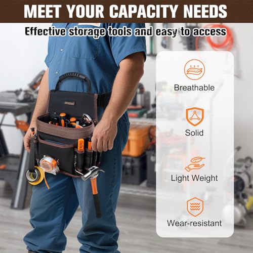 Electrician Tool Pouch, 10 Pockets Tool Belt Pouches with Hammer Holder, Adjustable Small Tool Pouch with Belt for Carpenter Construction Technician Plumber HVAC