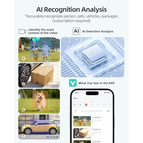 Rocktone Solar Security Cameras Wireless Outdoor, 2K Battery Powered WiFi Cameras for Home Security with AI Motion Detection, Color Night Vision, 2-Way Talk, Siren Alarm, IP66, Cloud/SD Storage