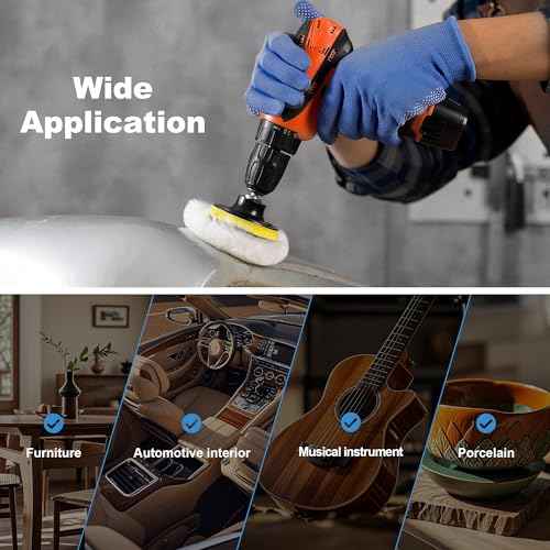 S SATC Wool Polishing Buffing Pad Set with 5PCS 3 Inch Wool Buffing Wheel for Drill, Hook and Loop Back Pad with M10 Drill Adapter, Compound Waxing and Polishing for Car Polisher