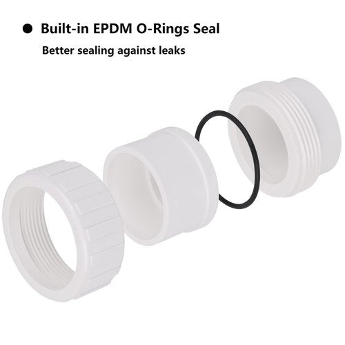 2 Pack 2" PVC Union Coupling Pipe Fitting (Socket x Socket) 2 Inch PVC Slip Union PVC Adapter Coupling Schedule 40, EPDM O-Ring, White