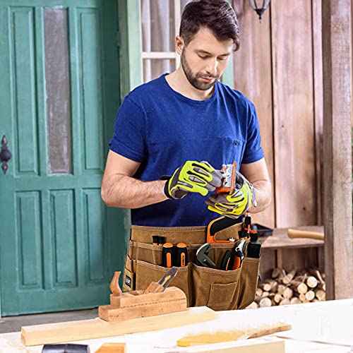 Waist Tool Belts with 13 Pockets,Waxed Canvas Tool Apron,Nail Apron,Woodworking Pouch for Men and Women,Adjustable Length from 28 to 45 Inches