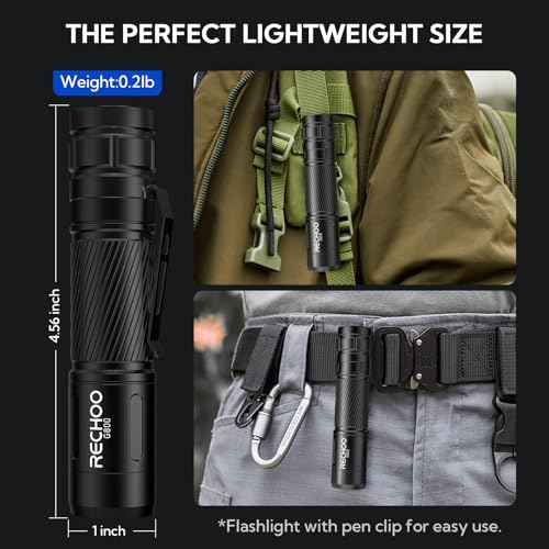 RECHOO Flashlight Rechargeable, G800 LED Flashlight with 3 Lighting Modes, Fixed Focus, Pocket Clip, Small EDC Flash Light for Emergency, Camping Gear (Battery Included)