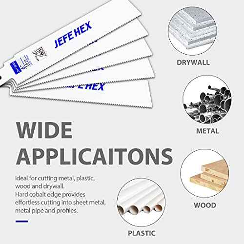 JEFE HEX 5-Piece Reciprocating Saw Blades - 6 Inch 14 TPI Saw Blade Set Bi-Metal Construction with Cobalt for Heavy Duty Metal Cutting and Wood Cutting