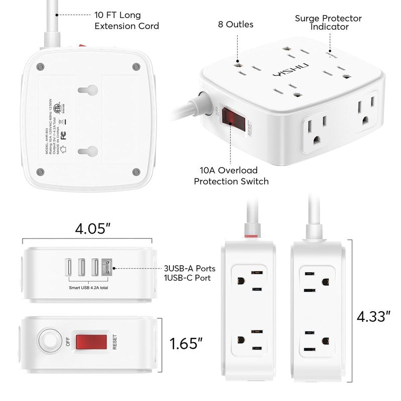 10 Ft Surge Protector Power Strip - YISHU 3 Side Outlet Extender with 8 Widely AC Outlets and 4 USB Ports, 10 Feet Extension Cord with Flat Plug, Wall Mount Desk USB Charging Station, ETL,White