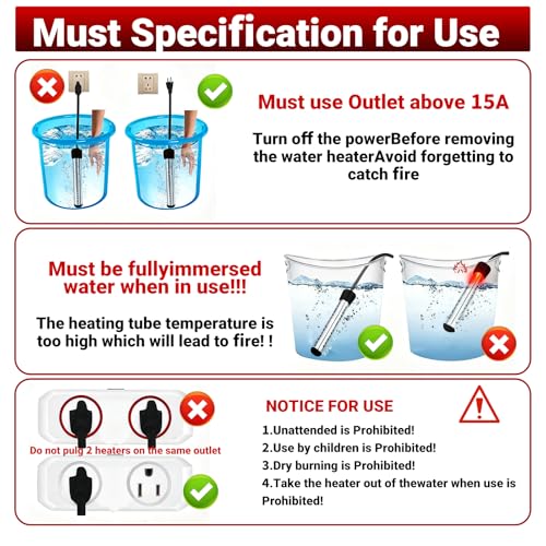 Eaakkoom 1500W Immersion Water Heater for Buckets & Small Pools - Rapid Heating, Anti-scalding Safety Guard, 5 Gallon Capacity