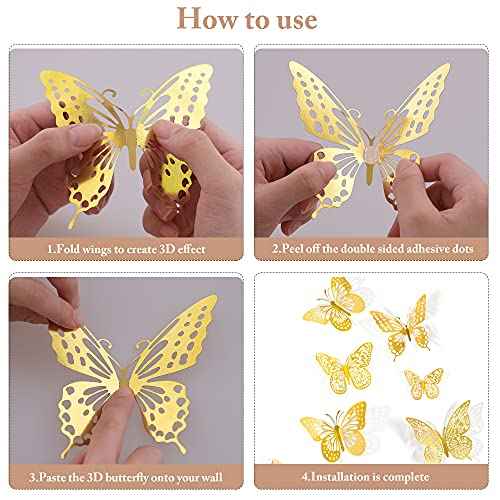 SAOROPEB 3D Butterfly Wall Decor - 48 Pcs, 4 Styles, 3 Sizes, Gold Butterfly Decorations for Birthday & Party Celebrations, Removable Stickers