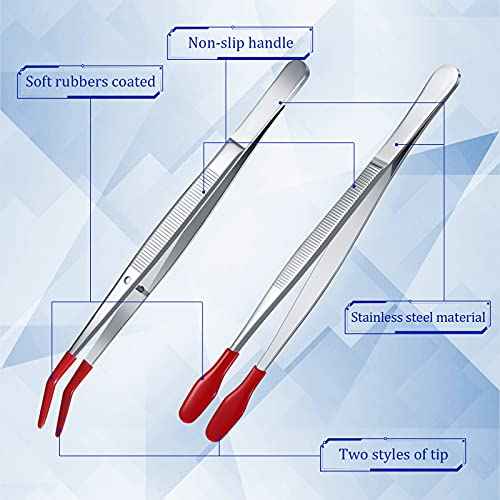 Honoson 4 Pieces Rubber Tipped Tweezers PVC Silicone Tip Tweezers Coated Flat and Bent Forceps for Lab Industrial Jewelry Craft Coin Stamp Tongs(Red)