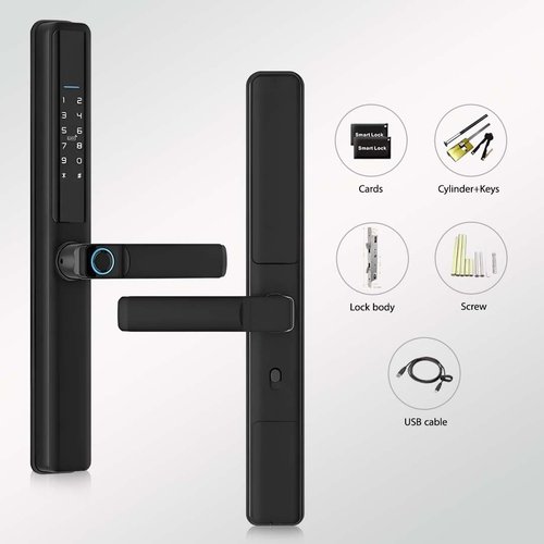 Slim Smart Lock for Sliding Doors – 6-in-1 Keyless Entry with Fingerprint, Passcode, IC Card, App Control, Key + Built-in Doorbell | Tuya WiFi, Auto-Lock, Alexa Compatible | Sleek Black Aluminum