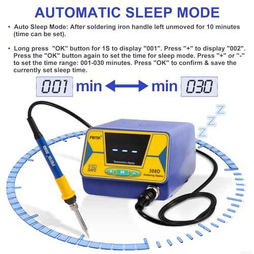 FEITA 308D Soldering Station, Upgraded, 80 Watt Equivalent with 3 Preset Temp, Digital, Auto Sleep, Calibration Support Function, Solder Tips, Lead-free Solder & Cleaning Kit